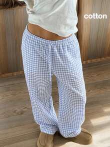 Pantalones de mujer a cuadros azules, de moda y rentables, adecuados para uso casual, vacaciones, hogar y playa.Pantalones palazzo de lino para chicas jóvenes - Multicolor - Ver 6