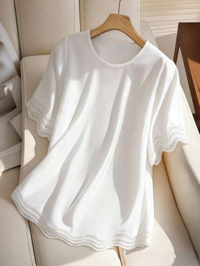 GlowEve CURVE Plus Size Women's Slimming Summer New Top, Fashion Black Mesh Ruffle Short Sleeve Blouse, Loose A-Line Shirt, Round Neck Ruffle Cuff Patchwork Hem Casual Blouse, Suitable For Daily Wear, Lightweight Fabric And Loose Design Also Suitable For Vacation Or Travel Blouses For Women New T Shirt Ytk Clothes Plain T Shirts Ladies Clothes New Arrival Women Clothing Lace Trim Top Blouse For Women Casual Elegant