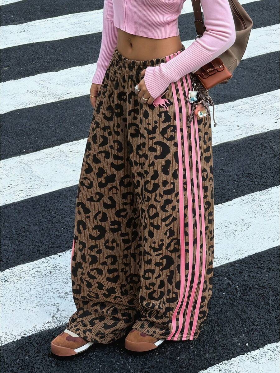 SHEIN Tween Girls Y2k Brown And Pink Leopard Print Patchwork Knit Sweatpants,Loose Drawstring Casual Comfortable Pants For Summer,Music Festivals,Holiday - Multicolor - View 1