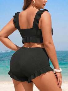 Swim Vcay Plus Size 2-Piece Bikini Set For Women,Elegant Black Textured Tankini Top,Ruffle Trim Square Neck & Shorts,Summer,Beach,Holiday,Formal,Evening - Black - View 2