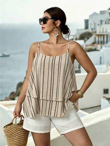 Parysyn Áo hai dây cổ yếm và áo tank top dệt kim cỡ lớn dành cho nữ, thích hợp cho kỳ nghỉ hè, phong cách thường ngày. - Màu be - Xem 1
