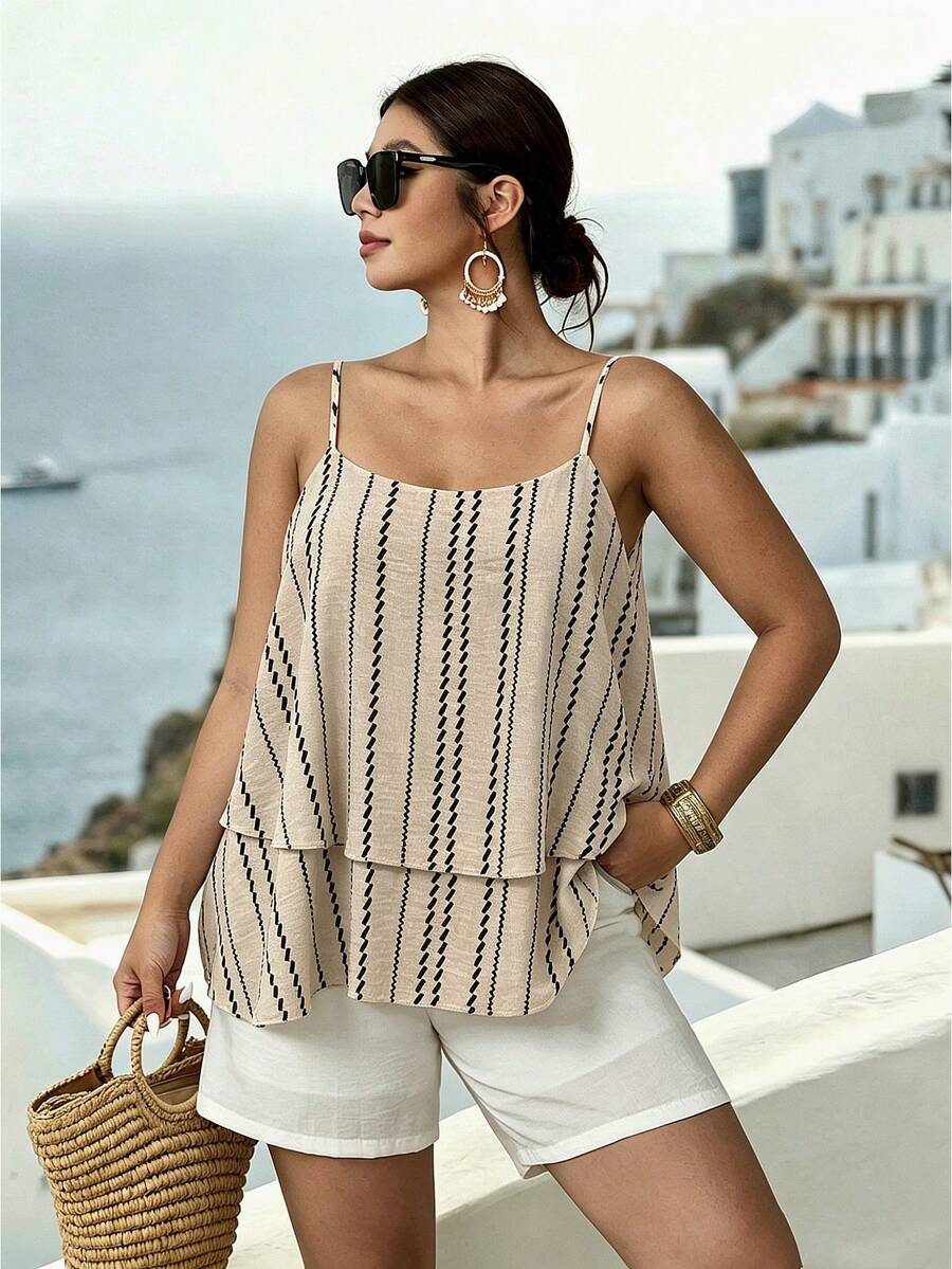 Parysyn Áo hai dây cổ yếm và áo tank top dệt kim cỡ lớn dành cho nữ, thích hợp cho kỳ nghỉ hè, phong cách thường ngày. - Màu be - Xem 1