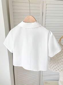 SHEIN 青少年女孩休閒純色梭織短袖襯衫 - 白色 - 查看 2