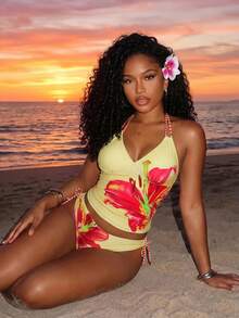 BamGleam New Spring/Summer Women's Position Printed Lace-Up Tankini Swimsuit Set, Women S Swimsuits Tummy Control, Yellow Bathing Suit Top Vacation Beach - Multicolor - View 4