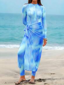 Swim Shayni 女款夏季粉色紮染印花長袖拉鍊防曬泳衣、長褲與圍裙三件式布基尼泳裝海灘套裝 - 藍色 - 查看 6