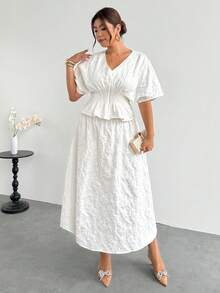 Firerie Plus Size Solid V-Neck Short Sleeve Top And Skirt 2-Piece Set, Elegant White Two Piece For Women Wedding Vacation Bride Guest Brunch Party Summer - Apricot - View 3
