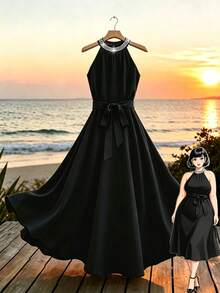 GlowEve CURVE Robe évasée élégante à col de perles pour femmes grandes tailles, pour le travail - Noir - Voir 10