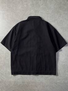 ROMWE MEN 男士休闲纯色金属扣短袖牛仔衬衫，夏季 - 黑色 - 查看 2