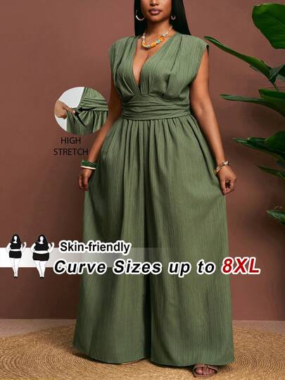SHEIN CURVE+ Spring/Summer New Music Festival, Easter, St. Patrick's Day, Western, Nomadic, Birthday Party, Graduation, College Style, Student Wear, Casual Daily, Versatile Basic, Leisure, Cruise Travel, Beach, Sunbathing, Hot Selling, Streetwear, Wedding Guest Boho, Commute, Brunch, Minimalist Basic, Y2K Streetwear, Best Selling, Casual Date, Airport Sleeveless V-Neck Loose Plus Size Jumpsuit - Green
