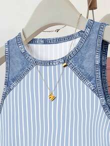 SHEIN Women's Waist Cinched Multicolor Stripe Denim Patchwork Print Graphic Tee Tank Top Shirt - Multicolor - View 5