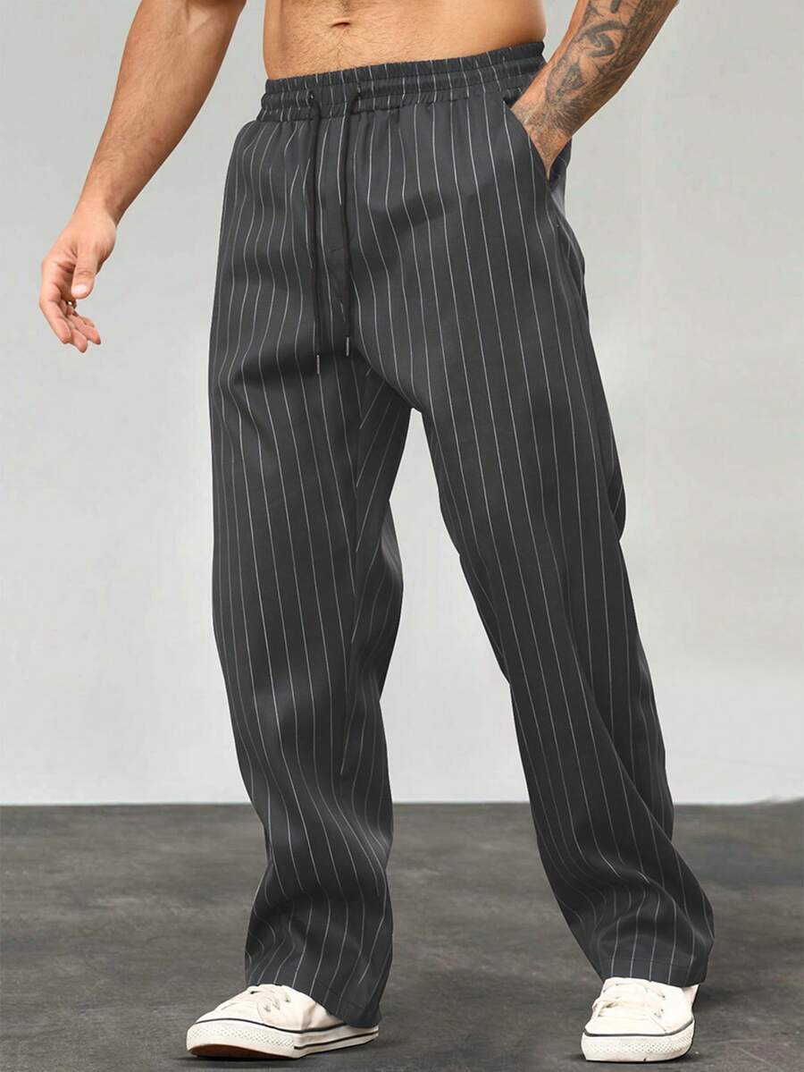 Manfinity Homme Celana Panjang Bergaris Kasual Pria, Celana Modis - asap abu-abu - View 1
