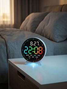 Reloj despertador digital LED redondo con luz nocturna RGB, doble alarma, pantalla de fecha y semana, brillo ajustable, reloj de escritorio moderno para dormitorio, oficina y decoración del hogar - Multicolor - Ver 4