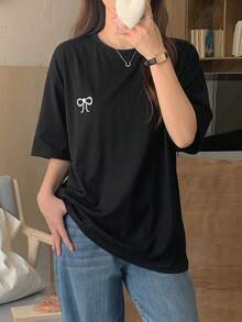 DAZY 女款蝴蝶結刺繡寬鬆短袖圓領T恤，適合夏季 - 黑色 - 查看 3