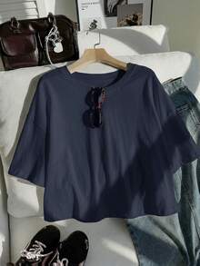 Comfortcana Áo thun cỡ lớn màu xanh hải quân trơn, vai rớt, kiểu dáng thường ngày. - Màu xanh hải quân - Xem 5