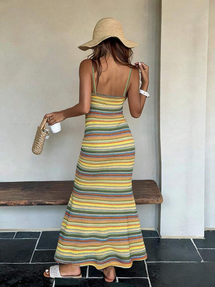 Spaghetti Strap Striped Knit Dress For Women
