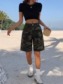 SHEIN PETITE 女款休閒迷彩印花牛仔短褲，適合嬌小女性 - 軍綠色 - 查看 6