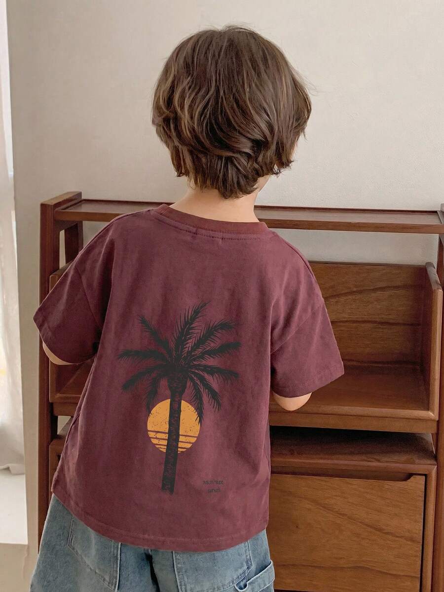Hapijoa Young Boy Palm Tree Print Round Neck Loose Casual Short Sleeve T-Shirt - Burgundy - View 1