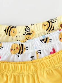 SHEIN Playful Pals 6件套女婴可爱蜜蜂、向日葵、爱心图案短袖上衣和松紧腰短裤套装，数码印花，休闲舒适，适合户外玩耍，春夏百搭 - 黃色 - 查看 3