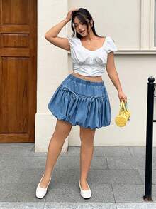 Rivivi 大码女式休闲水洗牛仔蝴蝶结泡泡袖迷你裙 - 藍色 - 查看 4