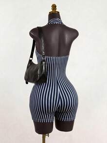 SaltGleam SaltGleam Bộ jumpsuit không tay gợi cảm với cổ áo kẻ sọc và thiết kế cổ chữ V sâu dành cho nữ. - Xanh và trắng - Xem 2