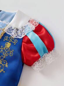 SHEIN Glamorique Kids Đầm công chúa cho bé gái, tay phồng, màu vàng ánh kim, thắt nơ, có áo choàng, viền ren, thích hợp cho tiệc sinh nhật, đám cưới, lễ hội, mùa hè. - Màu vàng - Xem 8