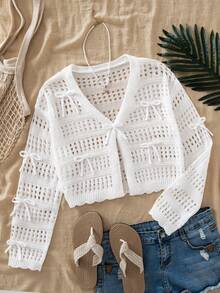 SHEIN Tween Girl Hollow-Out Knit Cardigan, Suitable For Home, Casual Outings, Beach Vacation, Parties, Etc. Comfortable, Versatile, And Soft - White - View 8