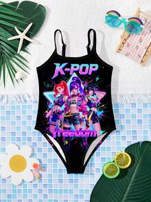Young Girls K-Pop Superstars Cartoon Girl Group Swimsuit With Printed Pattern, One-Piece Swimwear Suitable For Summer - Multicolor - View 2