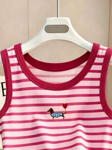 Resyla Áo ba lỗ nữ/Áo phối màu/Áo ba lỗ in hình chó Dachshund và cún con kẻ sọc/Áo tank top gân/Áo thời trang cổ tròn thường ngày dành cho nữ/Mùa hè - Nhiều màu - Xem 3