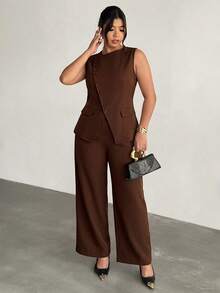 Firerie Women's Elegant Formal Brown 2-Piece Suit Set,Asymmetric Lapel Button Waist Sleeveless Blazer Vest And High Waist Pants Commuting Street Fall/Winter - Coffee Brown - View 6