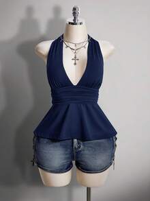 SHEIN ICON Áo camisole chấm bi dáng chữ A hở lưng cổ chữ V, cỡ lớn, kiểu retro Y2K, áo camisole chấm bi cổ yếm hở lưng. - Màu xanh hải quân - Xem 4