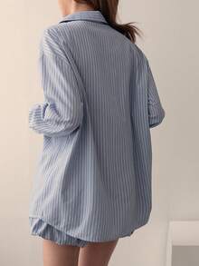 DAZY 女士条纹休闲长袖衬衫和宽松短裤两件套家居服套装 - 藍色 - 查看 2