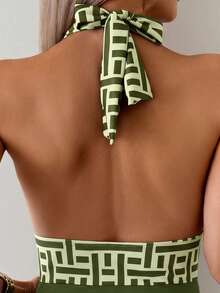 Swim Lushoire Women's Geometric Print Patchwork Color Halter One-Piece Swimsuit, Suitable For Beach Vacation Vacation, Pool Party, Beach Party Green Summer Casual - Olive Green - View 3