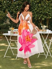 SHEIN LUNE Vestido de columpio con escote en V y espalda descubierta para mujer de talla grande, adecuado para vacaciones ligeras, salidas a la playa, diseño que afina la cintura - Blanco - Ver 1