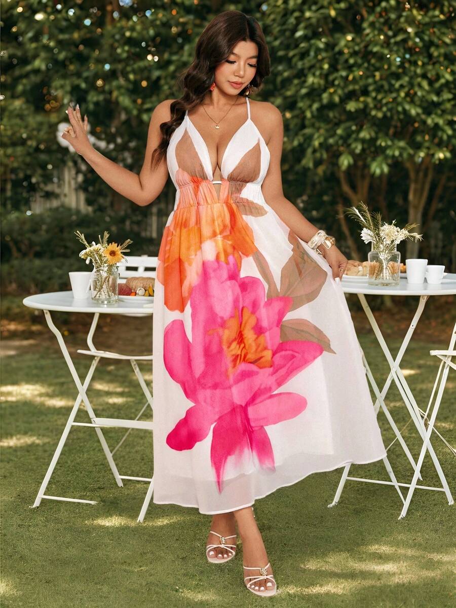 SHEIN LUNE Vestido de columpio con escote en V y espalda descubierta para mujer de talla grande, adecuado para vacaciones ligeras, salidas a la playa, diseño que afina la cintura - Blanco - Ver 1