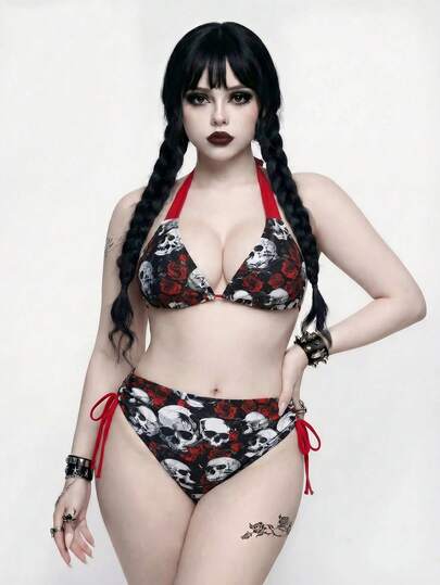 ROMWE Goth Plus Size Skull & Floral Print Swimsuit Set