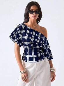 LYSMO Women's Elegant Sexy Navy Blue Plaid Asymmetric Shoulder Ruffle Shirt Blouse Summer Work Day Party Night Out Tops - Navy Blue - View 4