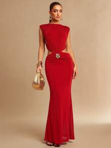 Silquee Red Summer Elegant Party Dress For Women,Metallic-Embellished Pleated Backless Fitted Maxi Long Wedding Reception Formal Graduation Beach Dress - Red - View 4