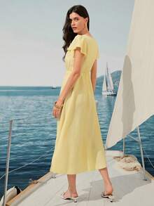 Rafferiza Women's V-Neck Ruffle Sleeve Cinched Waist Pleated Flare Dress, Casual Vacation Style, Light Yellow, Spring/Summer - Light Yellow - View 6