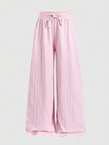 SHEIN 少女宽松粉色梭织纹理裤 - 粉色 - 查看 3