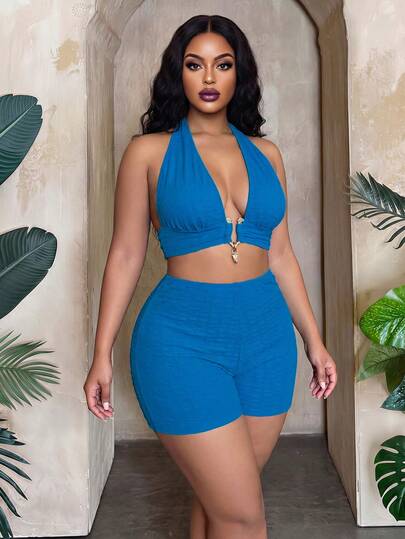 Slaydiva 2026 New Women's Spring/Summer Blue Halter Neck High Cut Plus Size Swimsuit Set