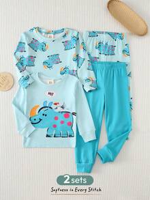 Cozy Pixies Bộ đồ ngủ 4 món cho bé trai in hình hoạt hình, chất liệu mềm mại, cổ tròn, tay dài và quần dài cạp chun, ôm sát. - màu xanh lá - Xem 1