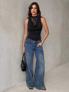 SHEIN Tall Áo liền thân nữ phối ren xếp nếp, thời trang, đa năng, thích hợp mặc hàng ngày. - màu đen - Xem 1