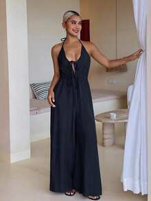 DAZY Women's Solid Color Front Tie Halter Wide Leg Jumpsuit Pajamas - Navy Blue - View 4