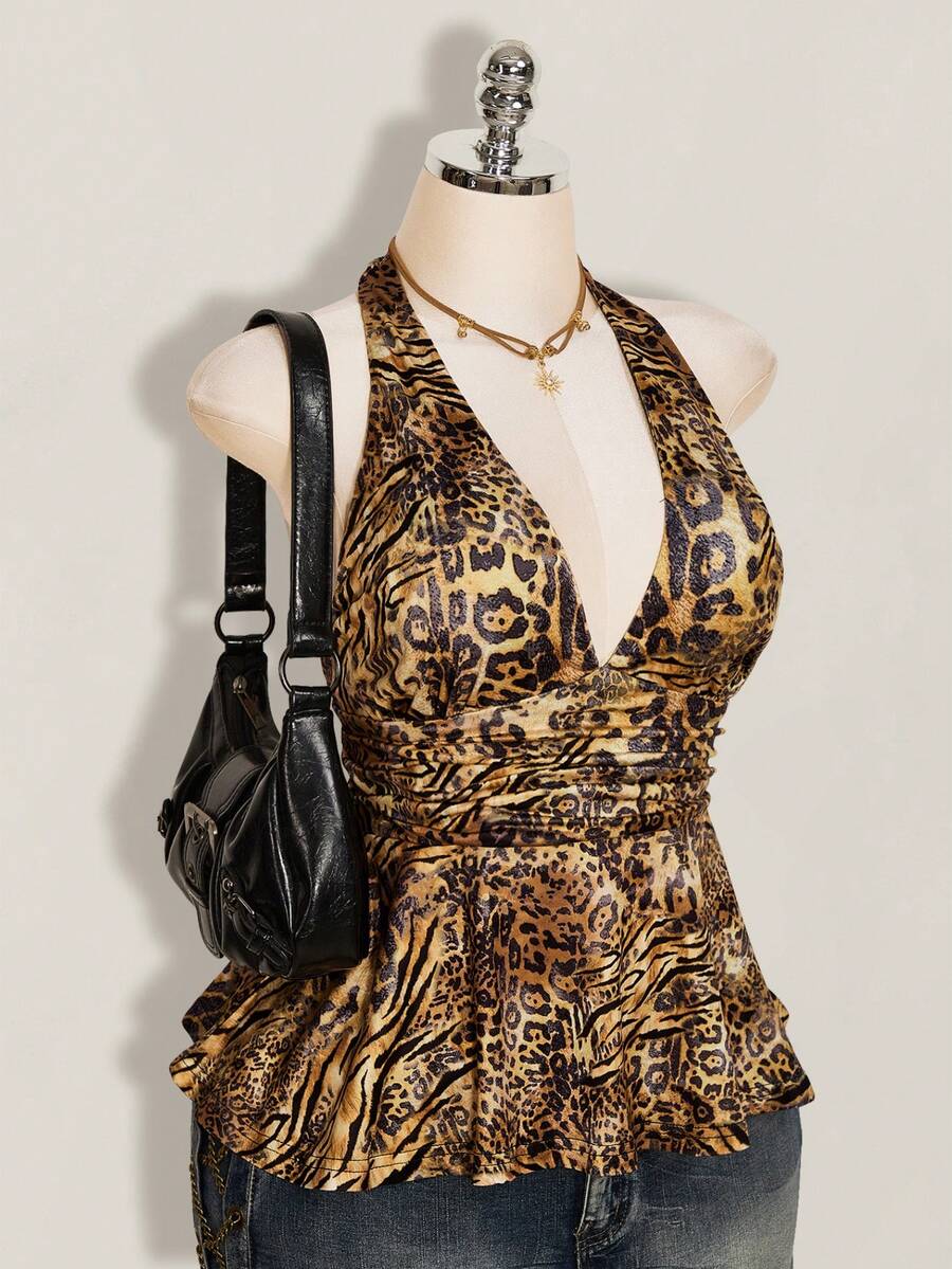 SHEIN ICON 大码女式复古性感个性时尚前卫都市摩登千禧风Y2K豹纹图案收腰深V露背吊带宽松下摆修身上衣 - 鏽棕色 - 查看 1