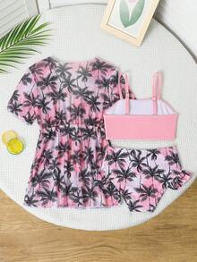 女童棕榈树印花泳衣套装，含和服罩衫，三件套，夏季女童泳装；粉色比基尼套装，含纱笼，女童夏季泳装；三件套泳衣；女童三件套泳衣；三件套比基尼套装，含罩衫，夏季女童泳装；三件套泳衣，儿童荷叶边比基尼泳裤；女童泳装套装；印花两件套泳衣；女童沙滩套装；度假两件套；女童两件套家庭泳装套装；棕榈树泳装 - 粉色 - 查看 3
