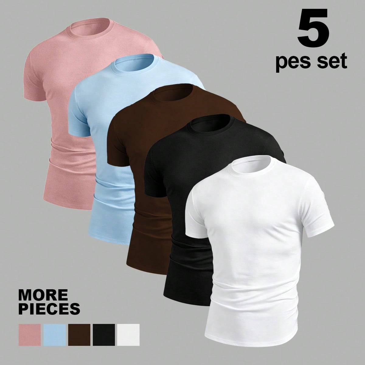 Set de 5 camisetas de manga corta de unicolor casuales para hombres para uso diario, verano
