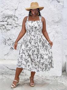 CurvyTilda Plus Size Apricot Base Black Retro Printed Maxi Dress With Adjustable Spaghetti Straps, Flared Hem Elegant - Multicolor - View 3