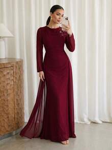 Modelyn Vestido de noche de manga larga de alta gama, vestido formal elegante para fiestas, elegante y lujoso estilo de señora para festival de música primavera/verano, vestido de invitada de boda - Burdeos - Ver 5