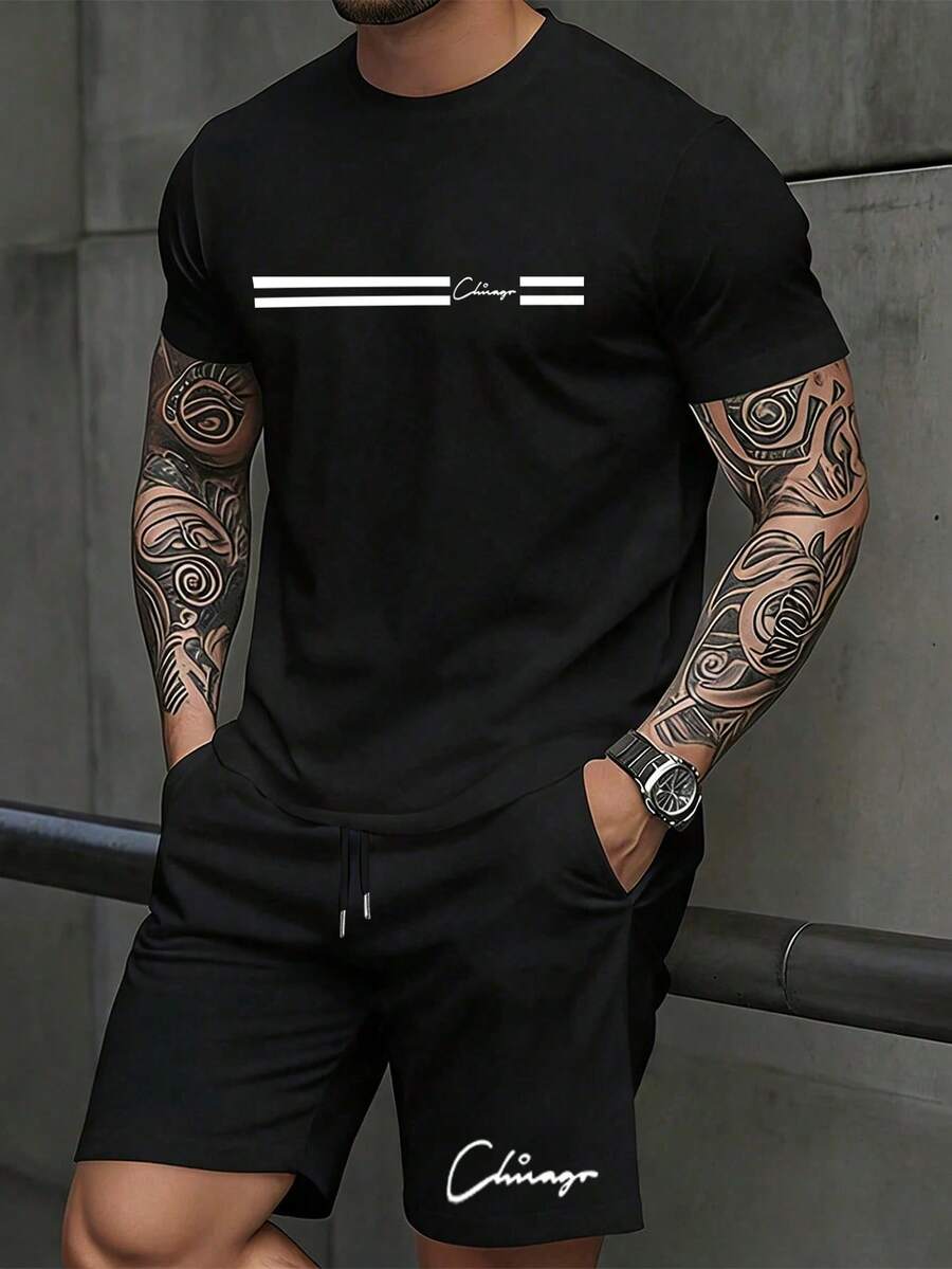 NEOREFINED Set Kaos dan Celana Pendek Kasual Pria Motif Garis-garis, untuk Liburan - Hitam - View 1