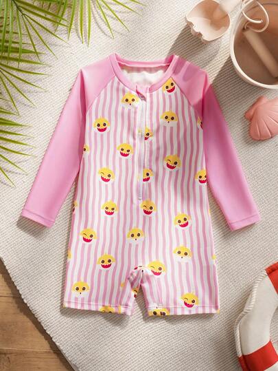 BABY SHARK X SHEIN Baby Girl Striped Cartoon Print Patchwork One-Piece Swimsuit